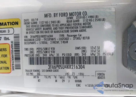 2019 Ford Fusion Energi Titanium from USA, damaged, VIN 3FA6P0SU4KR216304
